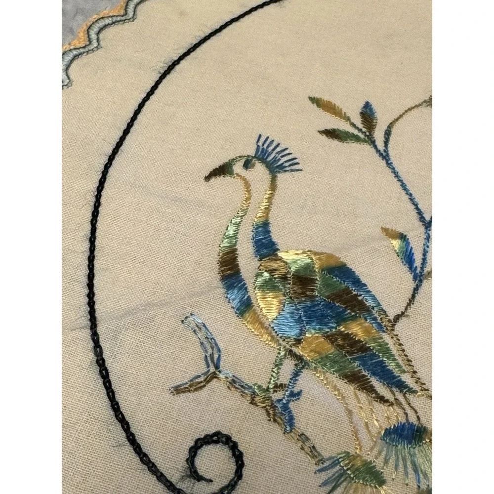 Vintage 12 in Linen Doily Blue Green Embroidered Peacock Handmade 1930-1950